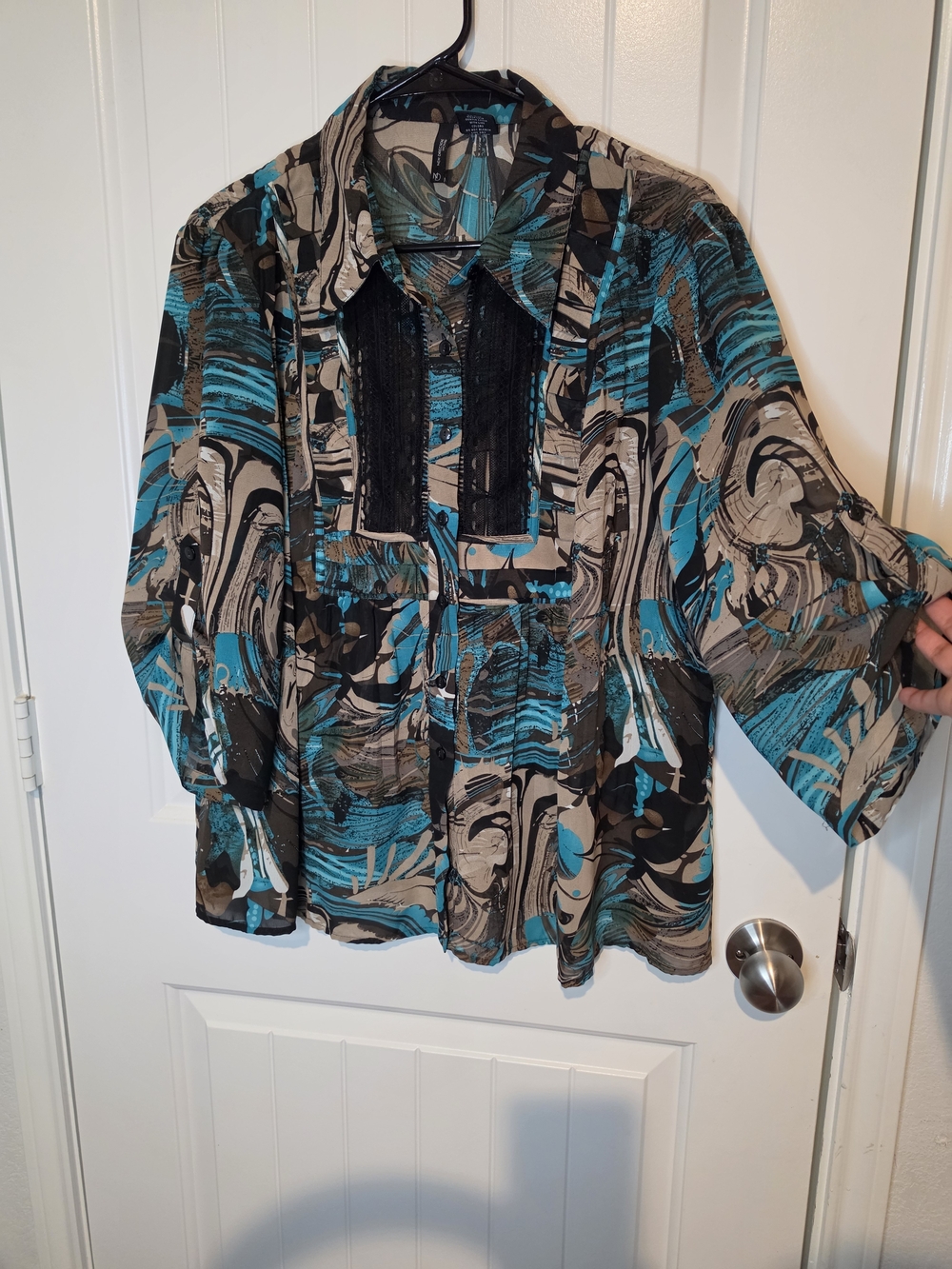 New Directions Woman Abstract Swirl Print Lace Panel Blouse - Teal & Black - 1X